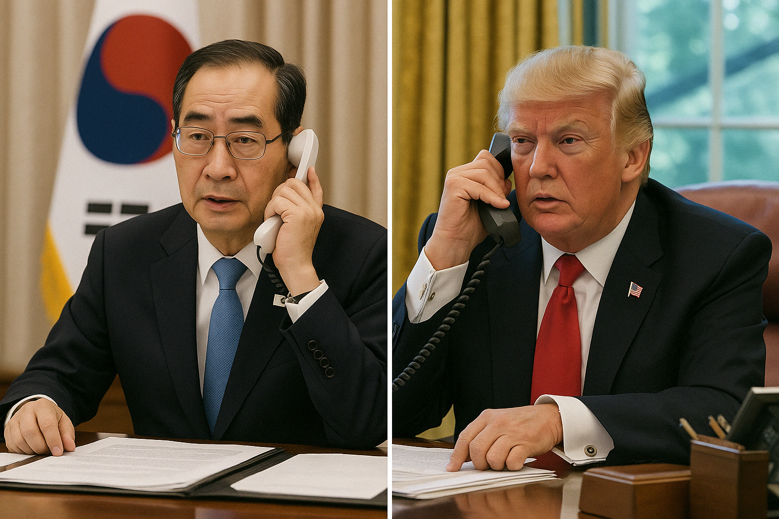 한덕수 대통령권한대행과 미국 트럼프 대통령이 전화통화를 하고 있다