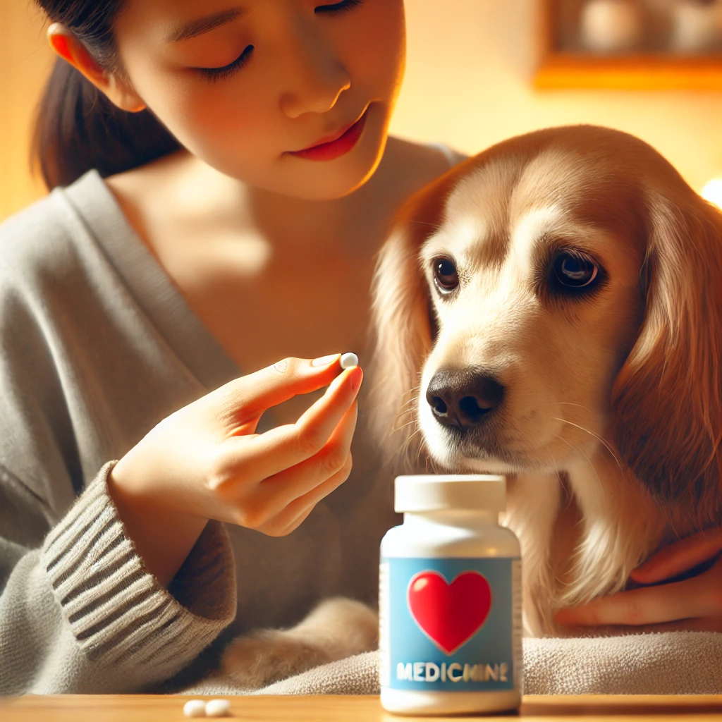 보호자가 강아지에게 심장병 약을 먹이는 모습