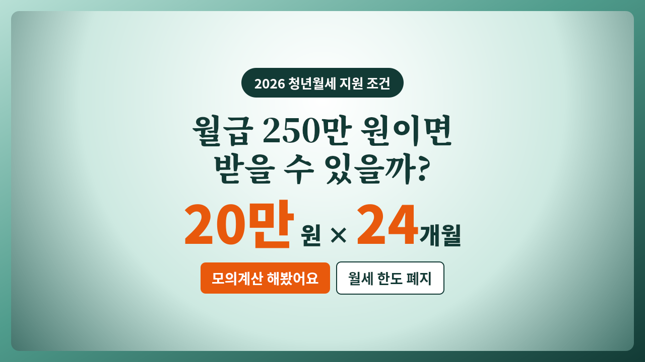 2026 청년월세 지원 조건 월급 250만 원 모의계산 월 20만 원 24개월 지원