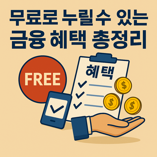 무료로 누릴 수 있는 금융 혜택을 총정리한 썸네일 이미지로, 체크리스트와 금화, FREE 문구, 스마트폰 아이콘, 손바닥 위에 놓인 혜택 항목이 포함된 정보형 일러스트