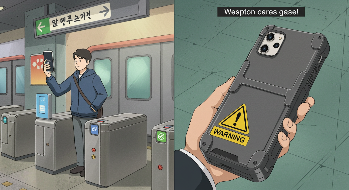 교통카드 태깅 성공과 케이스로 인한 오류 비교 장면