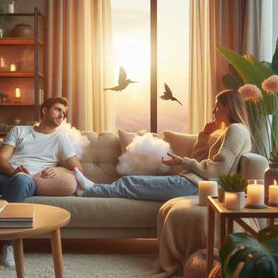 편안한 소파에 앉아 책을 읽고 있는 사람