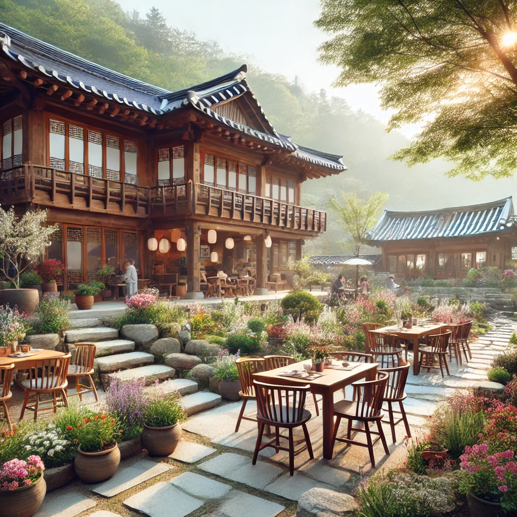 한옥과 정원이 어우러진 한국적인 브런치 카페의 첫 인상 느낌을 감성적으로 표현한 이미지