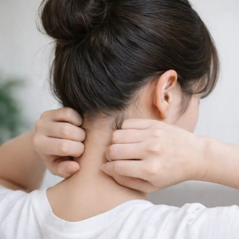 목 뒤 풍지혈을 지압해 두통과 목 통증을 완화하는 여성