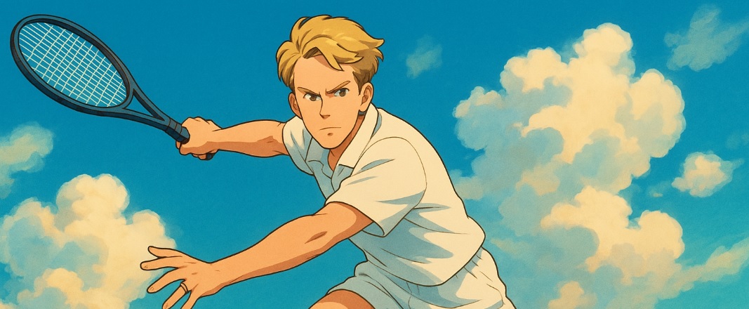 스테판 에드베리가 멋진 마던 포핸든를 칠려고 하는 지브리 스타일 그림