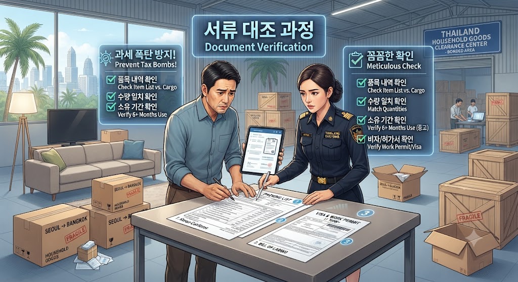 방콕 클롱떠이 항구 세관 및 이사화물 통관 서류 검토 현장