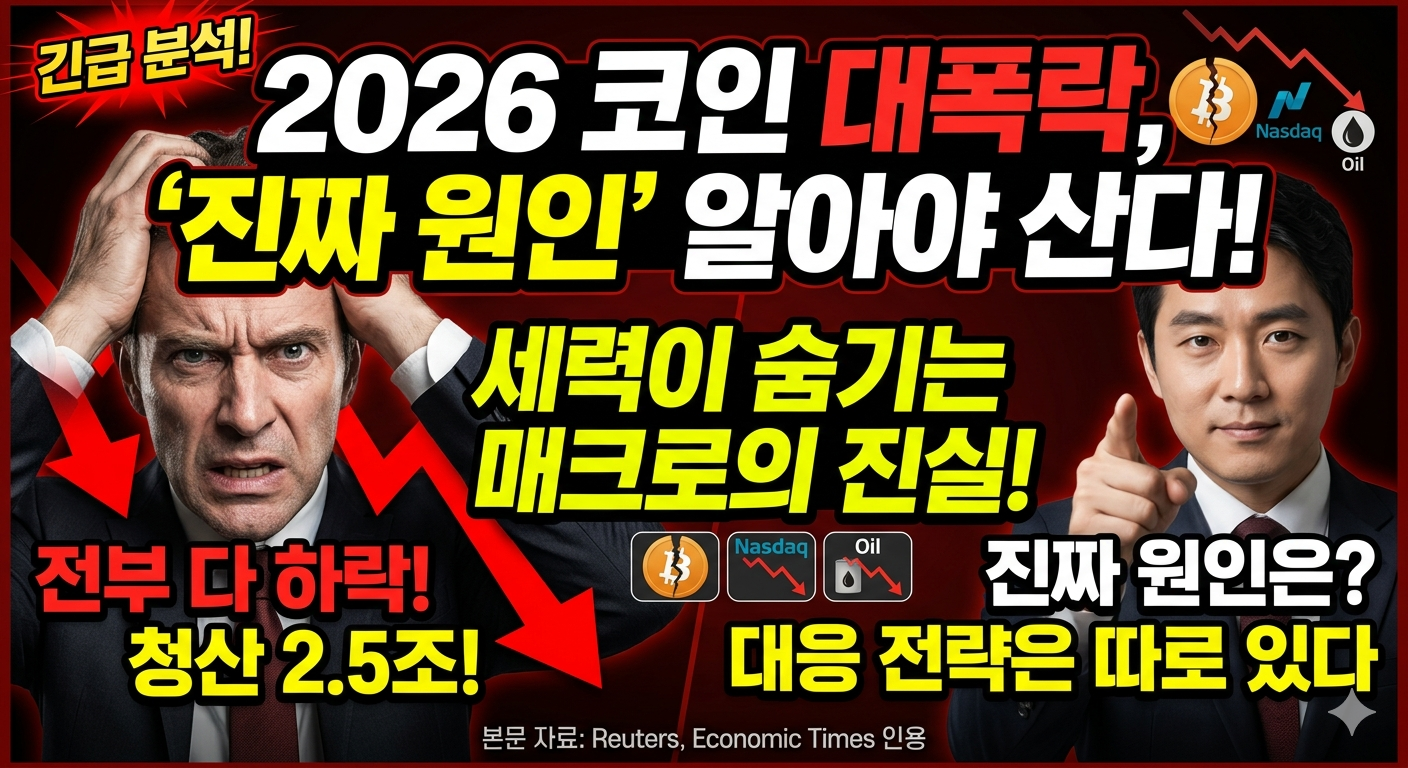 긴급 분석! 2026 코인 대폭락, '진짜 원인' 알아야 산다! 머리를 쥐어짜며 당황하는 중년 남성과 침착하게 손가락으로 가리키는 정장 차림의 남성. 배경은 하락하는 그래프와 붉은색 조명. '전부 다 하락! 청산 2.5조!', '세력이 숨기는 매크로의 진실!', '대응 전략은 따로 있다'라는 강렬한 텍스트가 배치되어 있음