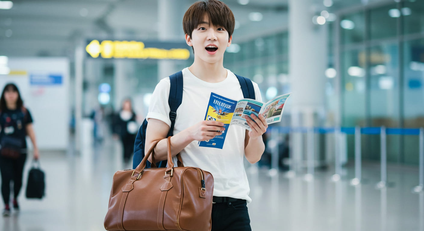 공항에서 여행 가이드를 들고 기대하는 귀여운 한국인 남성