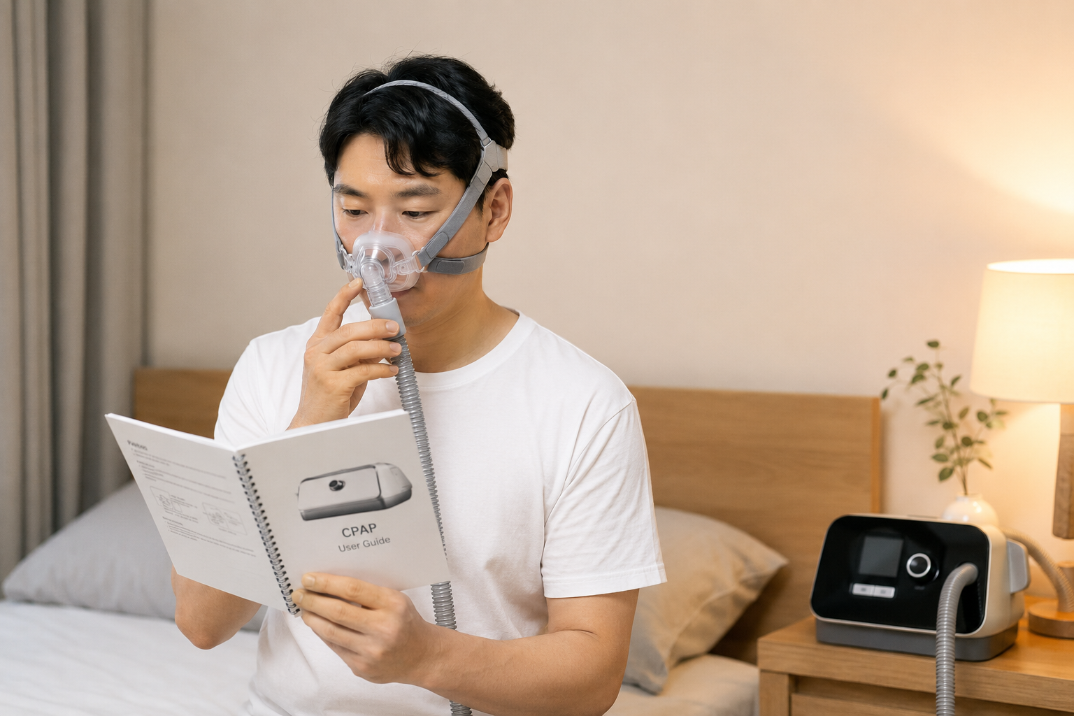 집에서 양압기 마스크를 착용해보는 모습