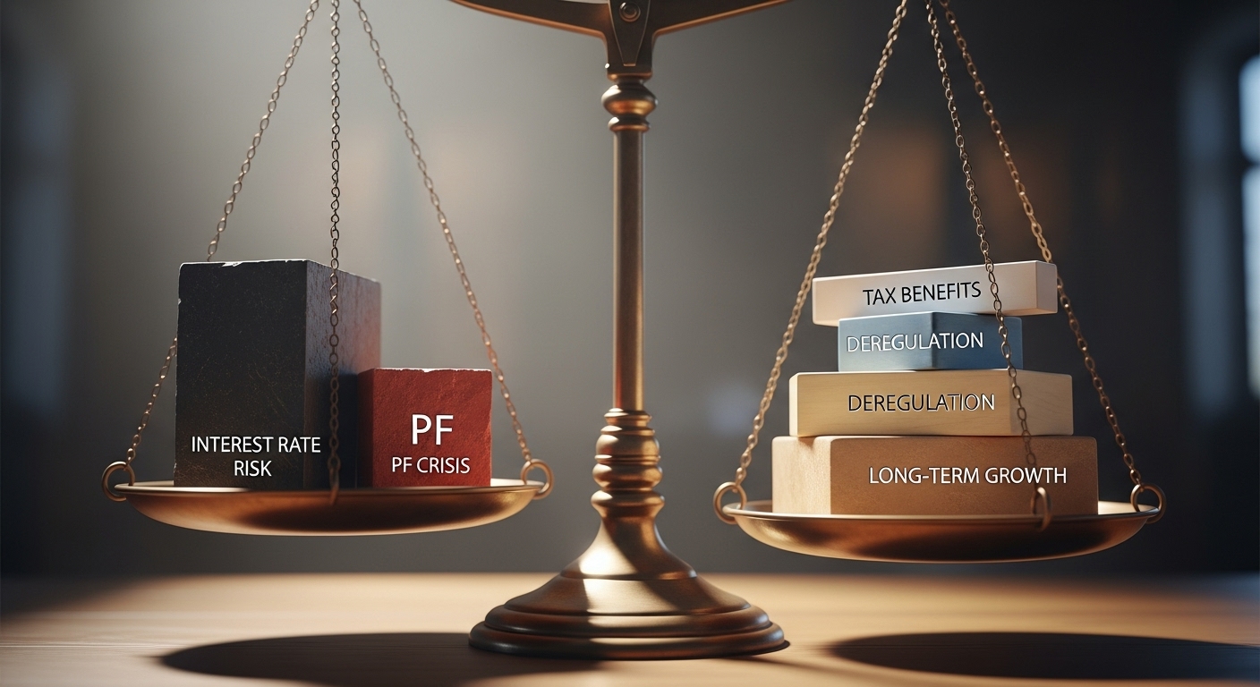 저울의 한쪽에는 부동산 시장의 리스크가, 다른 쪽에는 기회 요인이 놓여 균형을 이루고 있는 모습