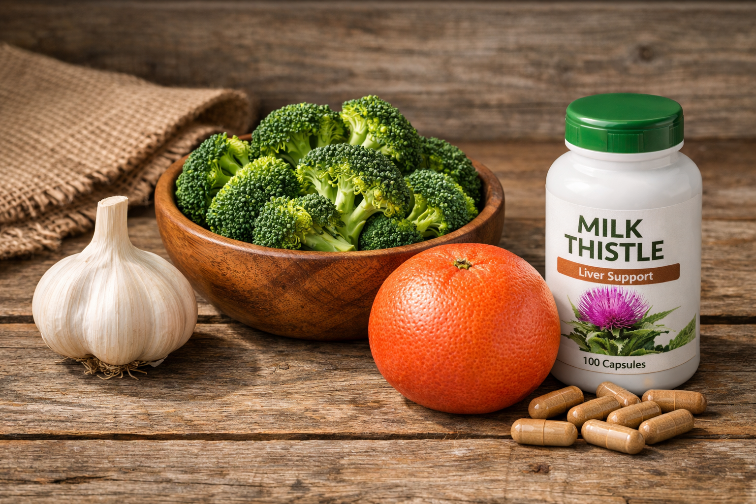 간 해독을 위한 신선한 식품, 마늘 한 알, 브로콜리, 잘 익은 자몽, 밀크씨슬 영양제
