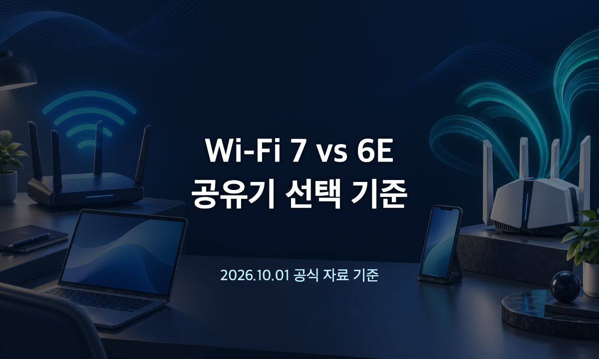 Wi-Fi 7과 Wi-Fi 6E 공유기 선택 기준을 보여 주는 두 공유기와 기기 삽화