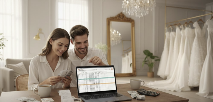 노트북 앞에 앉아 예산안(엑셀)과 영수증을 꼼꼼히 체크하는 예비부부의 모습