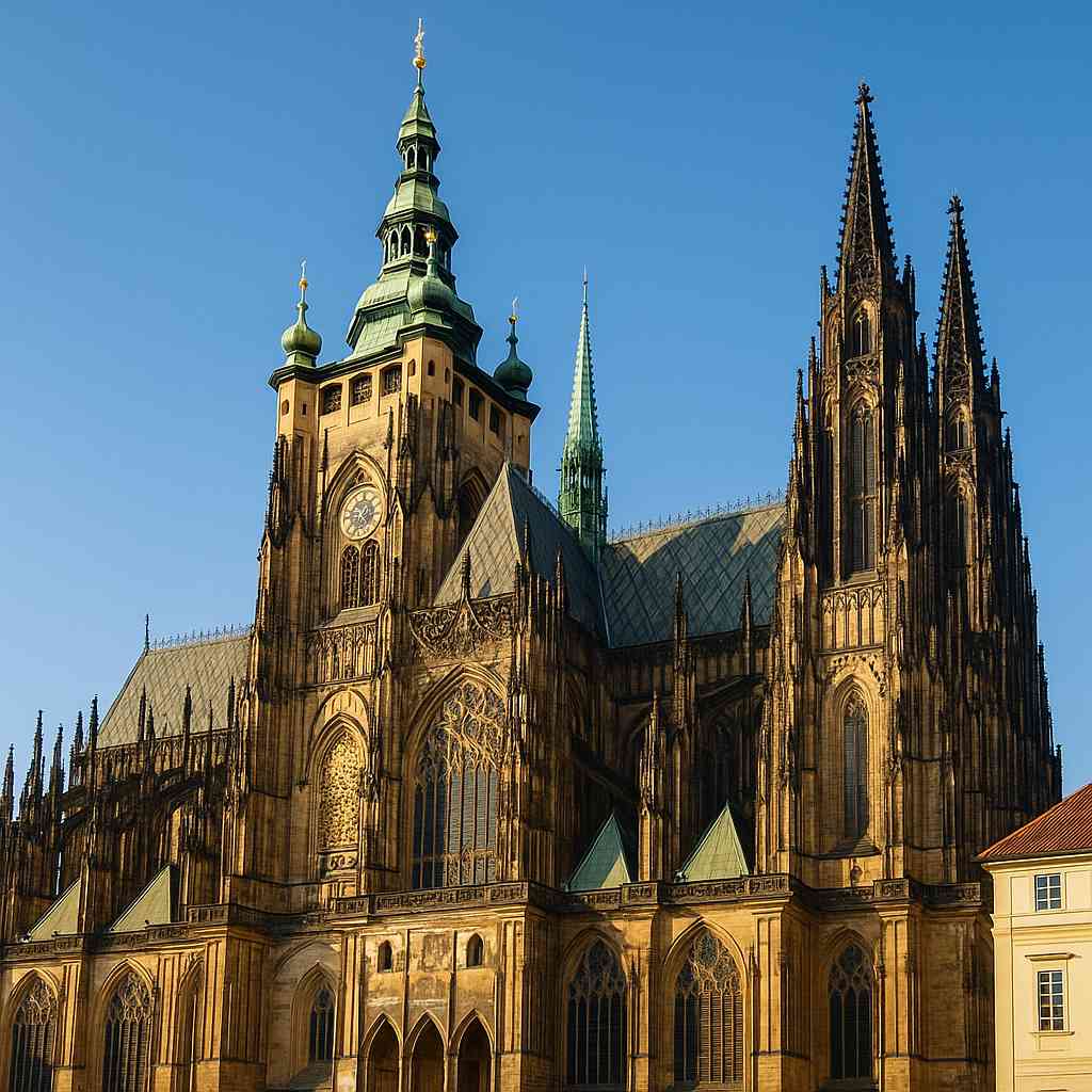 리가 구시가지의 성 비투스 성당과 고풍스러운 고딕 건축물들이 어우러진 거리 풍경, 중세 유럽의 정취를 담은 전경.