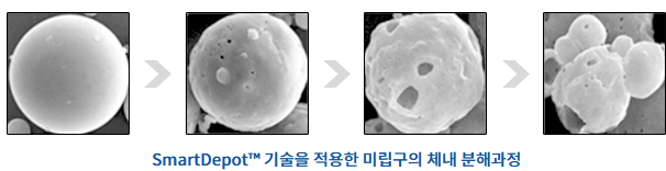 SmartDepot&trade; 기술을 적용한 미립구의 체내 분해과정(펩트론 사진)