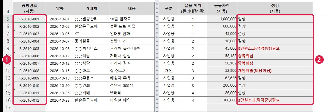 지출 시트: 증빙번호 자동, 점검 칸 빨간색