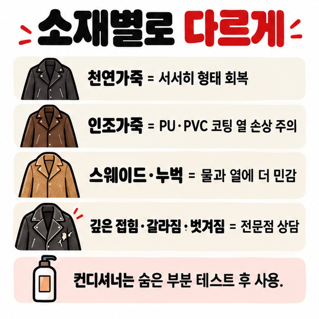 천연가죽은 천천히 형태를 회복시키고 인조가죽은 코팅 손상을 막기 위해 직접 열을 피하며 깊은 주름은 전문점에 맡기는 카드