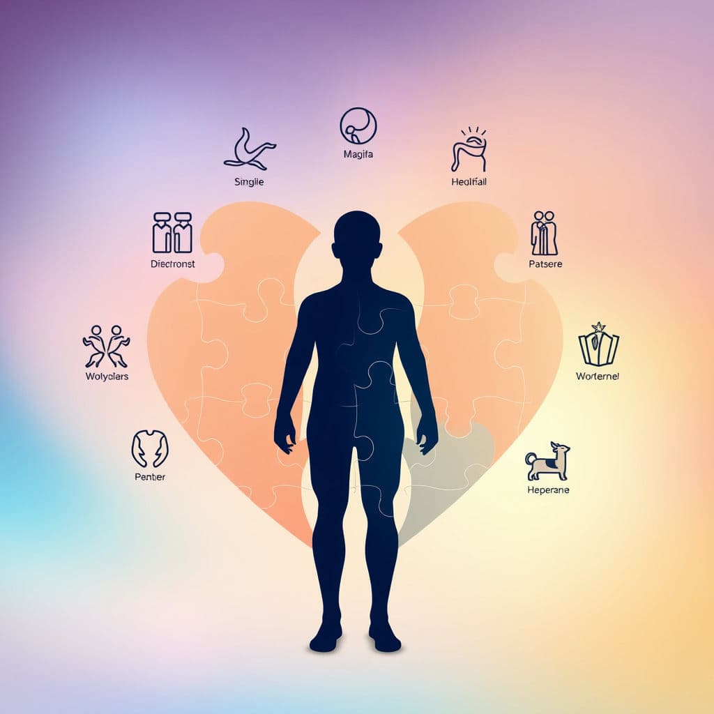 퍼즐 조각이 맞춰지면서 건강한 사람의 실루엣이 완성되는 모습이나, 8체질을 상징하는 아이콘들이 모여 큰 하트 모양을 이루는 등, '조화'와 '완성'을 상징하는 추상적인 이미지를 사용합니다. 희망적이고 긍정적인 메시지를 전달합니다.