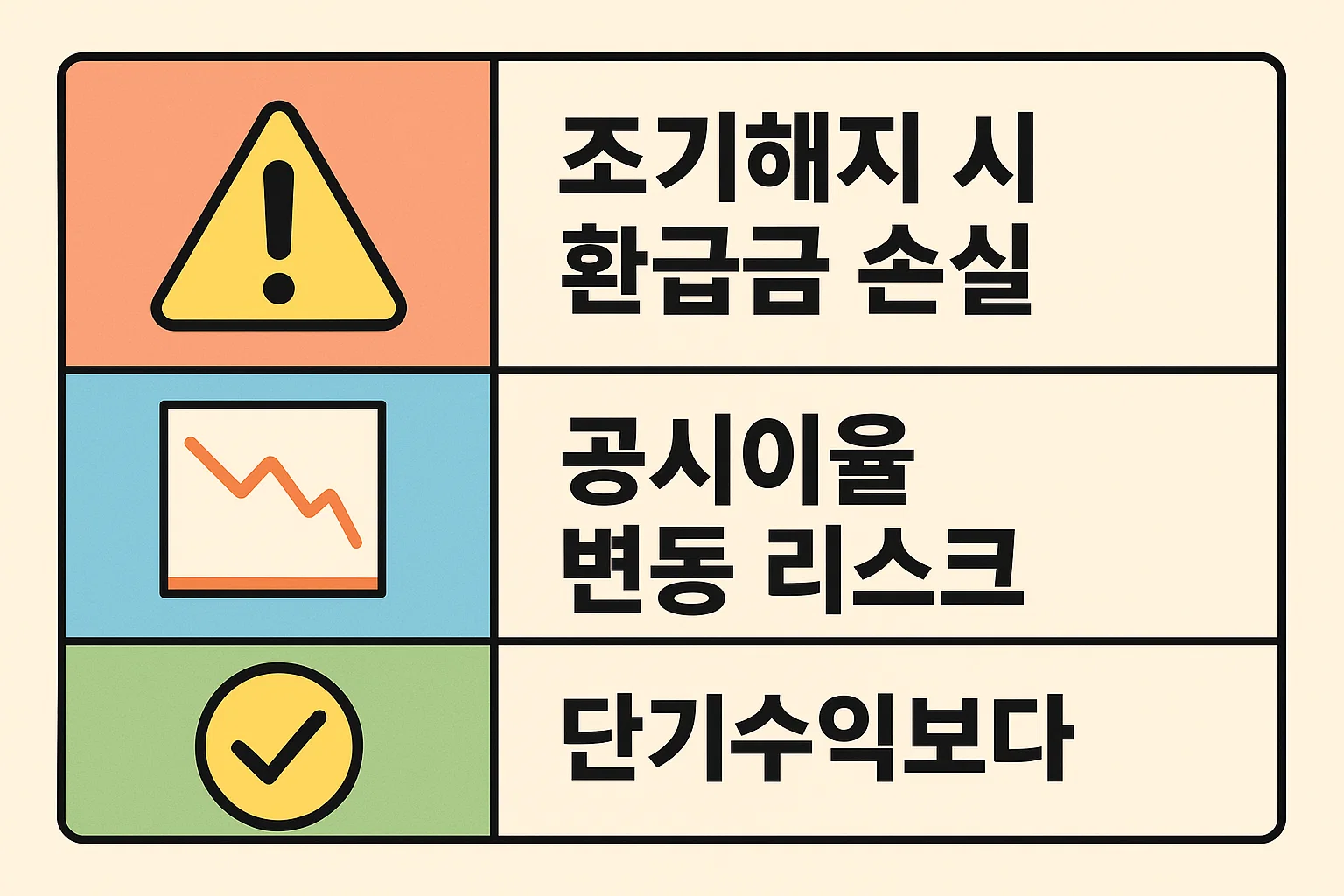 조기해지 시 환급금 손실, 공시이율 변동 리스크, 단기수익보다 장기유지의 중요성 등을 강조한 IBK연금보험 주의사항 안내 인포그래픽입니다.