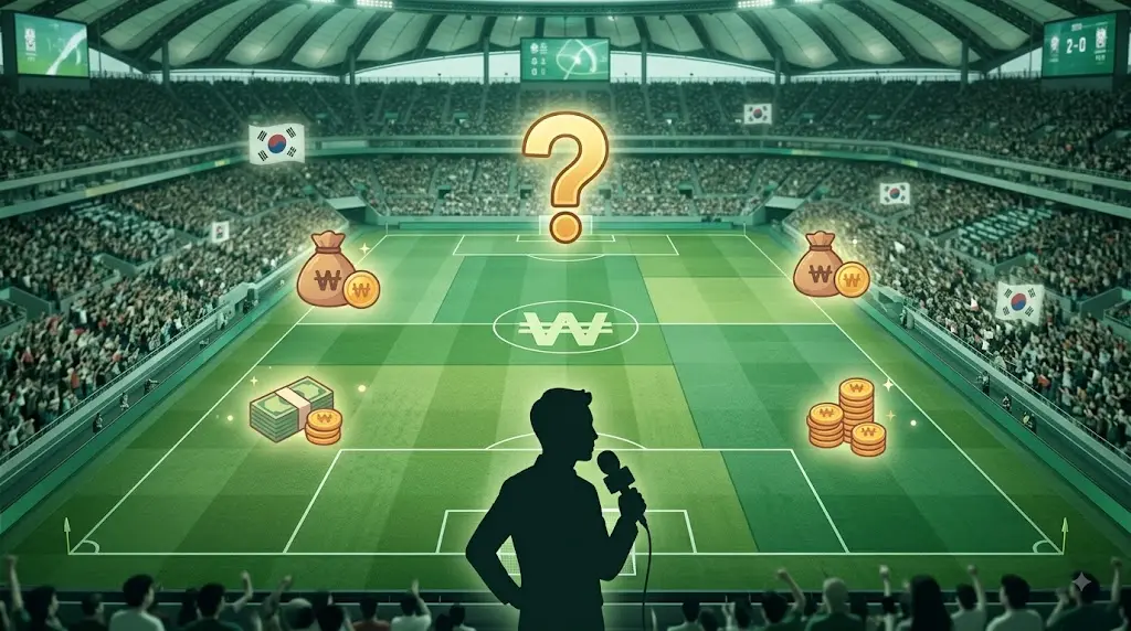 그린 톤의 축구 경기장 배경에 마이크를 든 실루엣과 물음표 아이콘, 긴장감 있는 스포츠 시사 분위기
