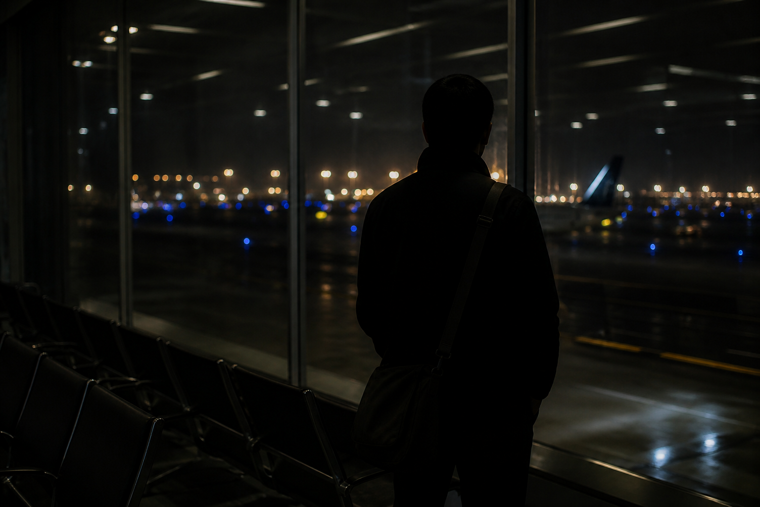 밤 시간 공항 대기 구역 유리창 앞에 등을 보이고 선 사람의 실루엣과 창밖 활주로의 흐릿한 조명이 보이는 실내 사진 - 출국 일정을 다시 검토하는 상황을 나타낸 이미지
