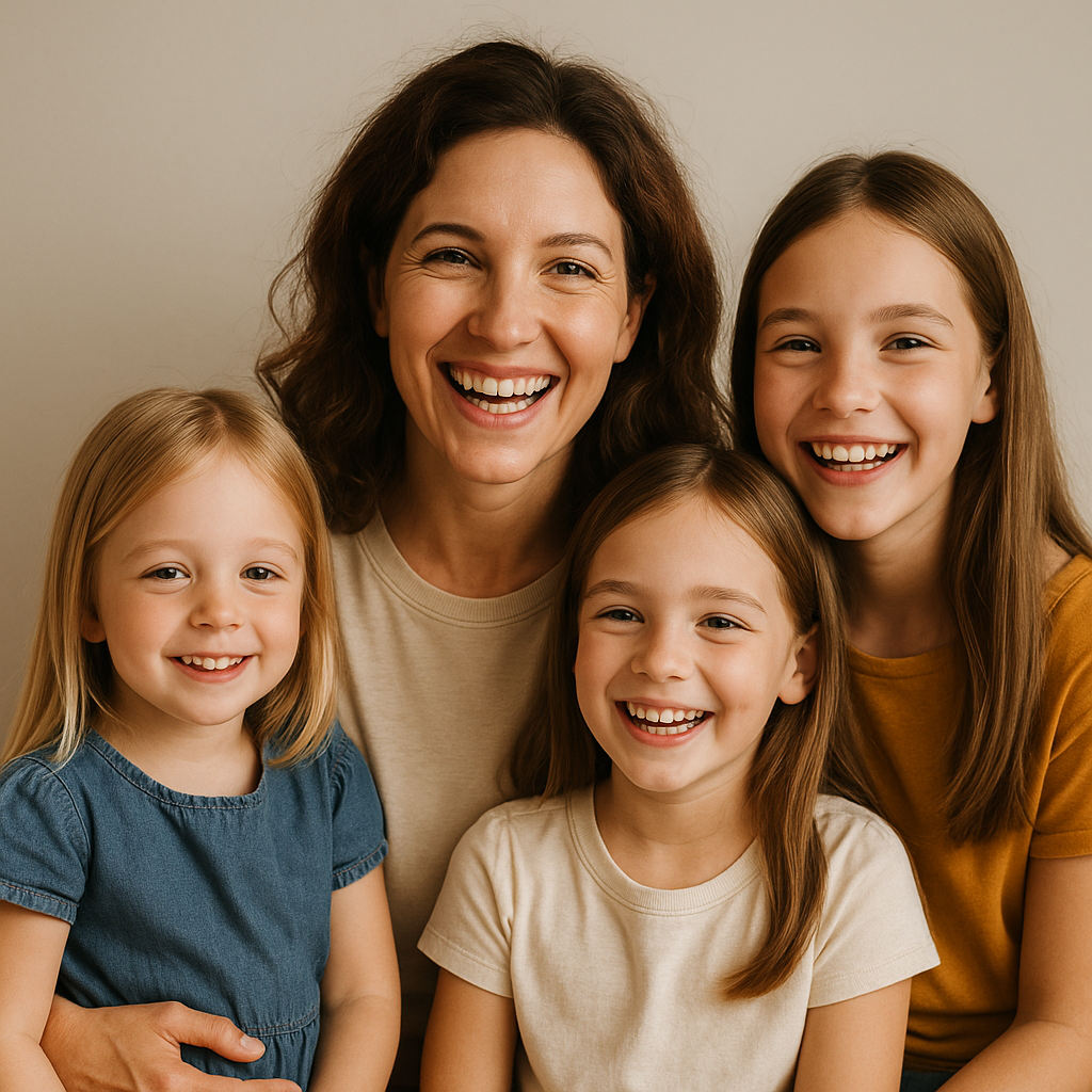 &ldquo;세 딸과 함께 웃으며 포즈를 취한 엄마의 가족사진, 자연광 아래 따뜻한 분위기로 촬영된 모습&rdquo;