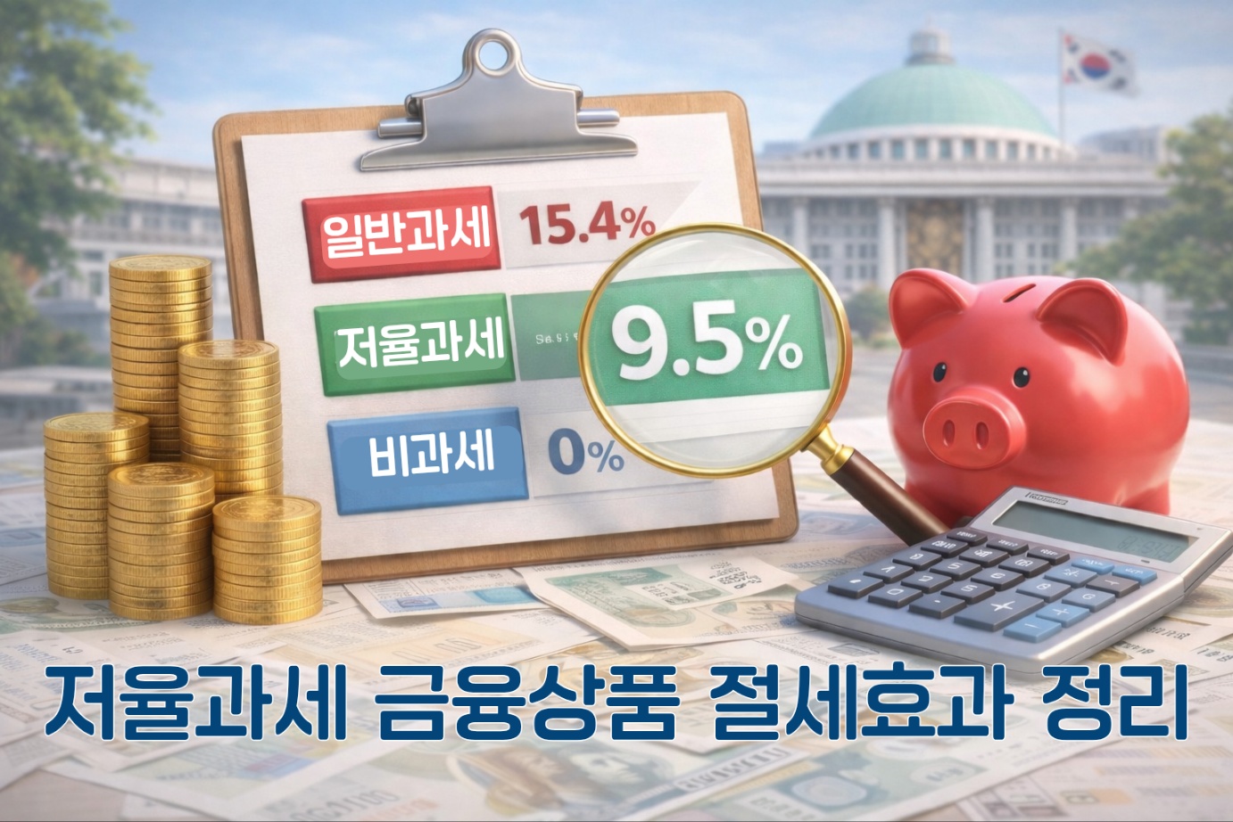 일반과세 15.4%, 저율과세 9.5%, 비과세 0% 세율을 비교한 표와 돼지저금통, 계산기가 함께 있는 절세 금융상품 비교 이미지
