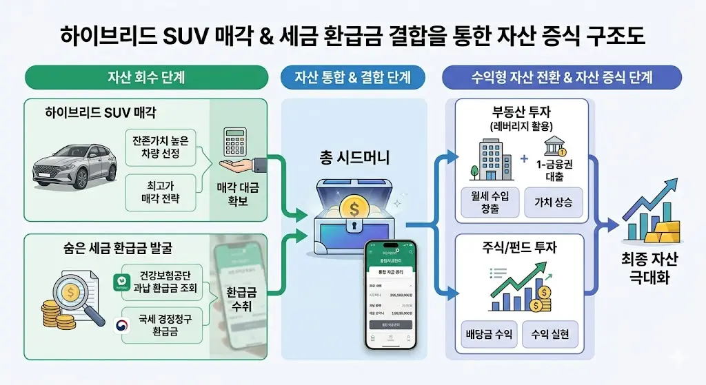잔존가치가 높은 하이브리드 SUV 차량을 최고가에 판매하여 확보한 시드머니와 숨은 세금 환급금을 합쳐 자산을 증식하는 구조도
