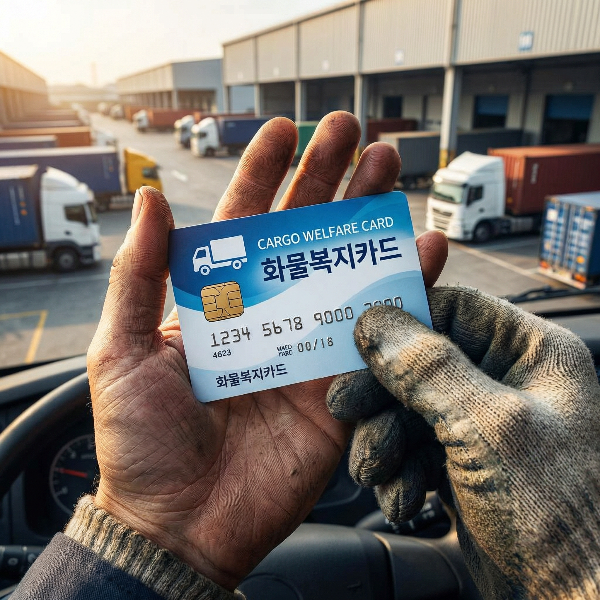 물류 터미널을 배경으로 차주가 화물 유가보조금 전용 카드인 화물복지카드를 들고 있는 클로즈업 샷. 카드의 디자인과 텍스처가 선명하게 보이며, 영업용 화물차주의 필수 아이템임을 강조하는 8k 고해상도 사진