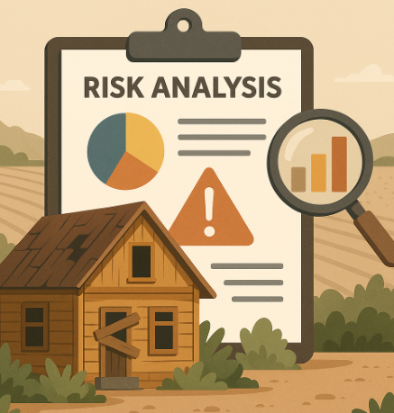 "농촌 빈집 리스크 분석을 표현한 일러스트, 낡은 시골 집 앞에 위험 분석 보고서와 확대경, 그래프와 경고 아이콘이 배치된 모습"