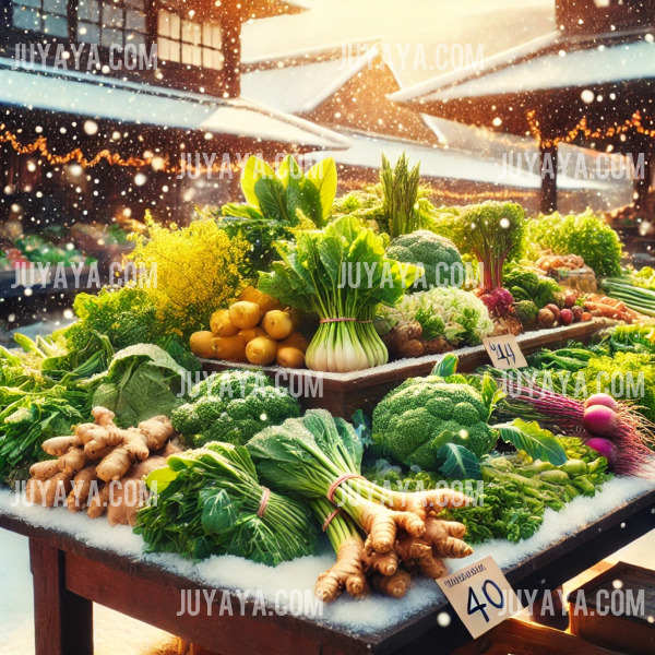 겨울 전통시장 풍경 속에서 겨자채와 생강이 진열되어 있으며, 배경에는 부드러운 햇빛과 눈 덮인 풍경이 보인다.