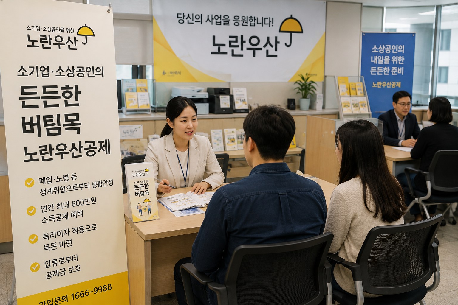 노란우산 가입 상담 창구에서 소상공인과 프리랜서가 가입 조건과 소득공제 혜택을 문의하는 모습
