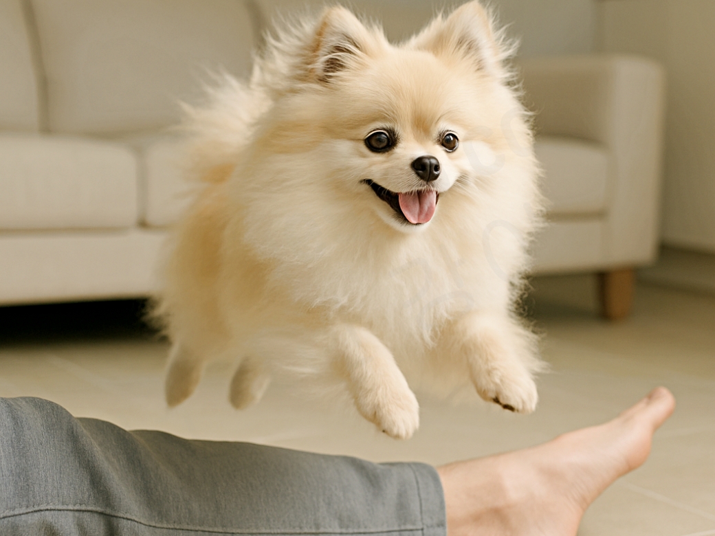 보호자의 다리를 뛰어넘는 강아지