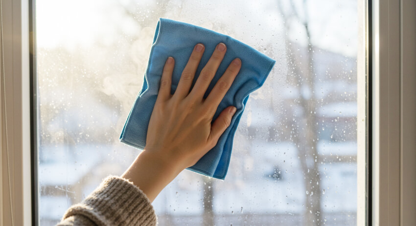 창문에 발생한 결로를 닦고 있는 모습