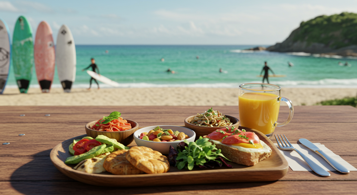 썬앤문 양양 카페에서 에메랄드빛 바다와 서핑보드를 배경으로 즐기는 브런치