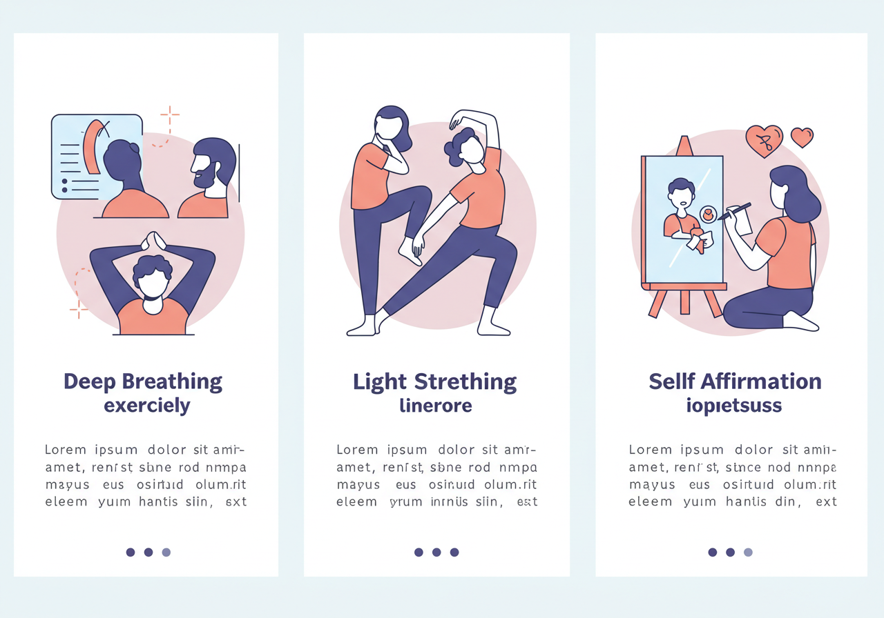 복식호흡, 스트레칭, 긍정 다짐을 표현한 인포그래픽