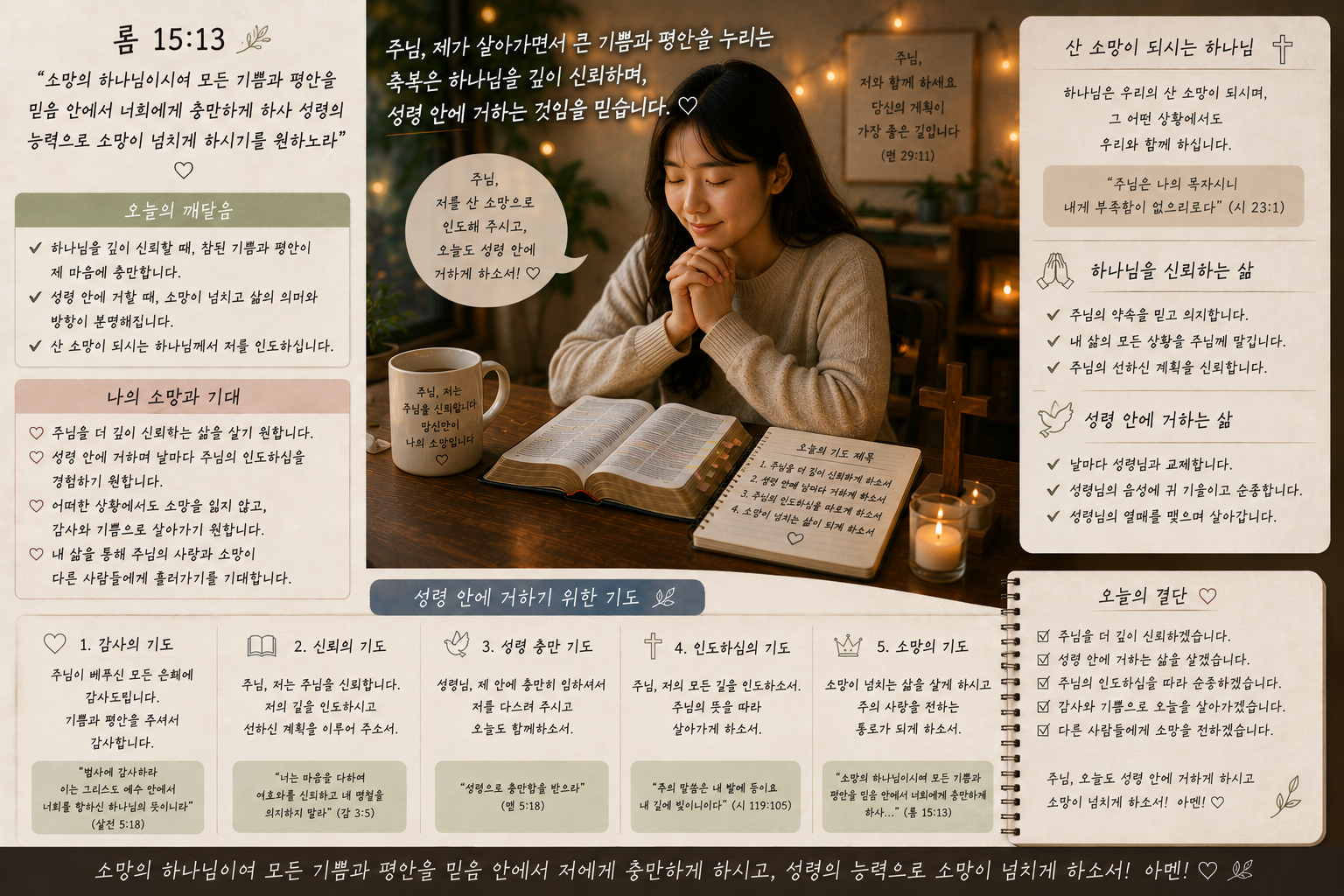 롬 15:13 말씀에서 제가 살아가면서 큰 기쁨과 평안을 누리는 축복은 하나님을 깊이 신뢰하며&amp;#44; 성령 안에 거하는 것임을 묵상하며&amp;#44; 제가 산 소망이 되시는 하나님께서 나를 인도하신다는 것에 대해 신뢰하고&amp;#44; 그 안에 거하는 삶을 살아가는지 저의 소망과 기대를 생각하며 성령 안에 있을 것을 기도하는 시간을 가지는 모습입니다.