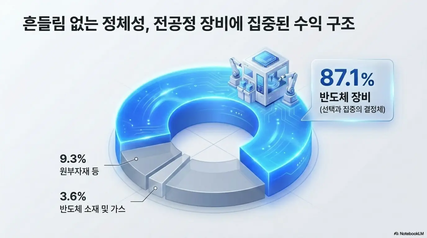 유진테크의 수익 구조를 도넛 차트로 표현한 이미지. 반도체 장비 부문 87.1%, 원부자재 등 9.3%, 반도체 소재 및 가스 3.6%로 전공정 장비에 집중된 사업 비중을 보여주며, 블로그의 유진테크 본업과 매출 구성 분석과 관련된 내용을 설명함