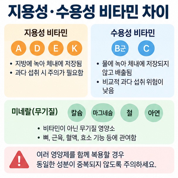 지용성 비타민 A D E K와 수용성 비타민 B군 C 그리고 미네랄의 차이와 중복 섭취 주의점을 정리한 인포그래픽