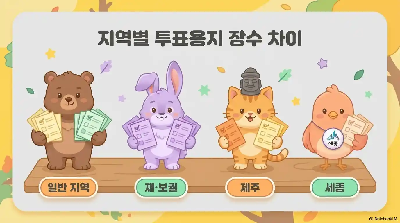 지방선거 지역별 투표용지 장수 차이 - 일반 지역, 재보궐선거, 제주, 세종 비교