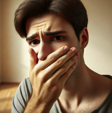 입을 가리고 있는 사람 모습