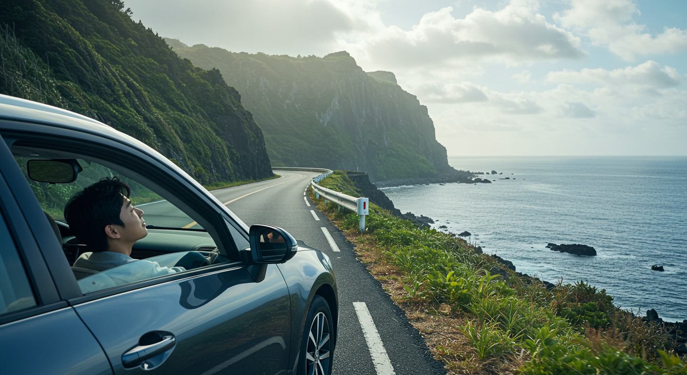 제주 해안도로를 따라 차 창문을 내리고 시원한 바닷바람을 느끼며 드라이브하는 모습.