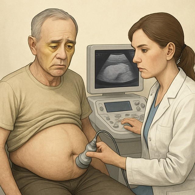 복수가 찬 환자의 복부 초음파 검사 장면(출처: 자체제작)