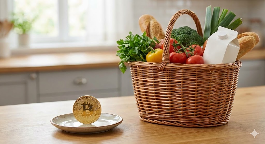 안정된 물가(장바구니) 옆에 작지만 반짝이는 비트코인 동전이 놓여 있는 일러스트