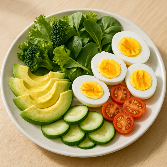 삶은 달걀과 채소가 함께 담긴 건강식 한 접시