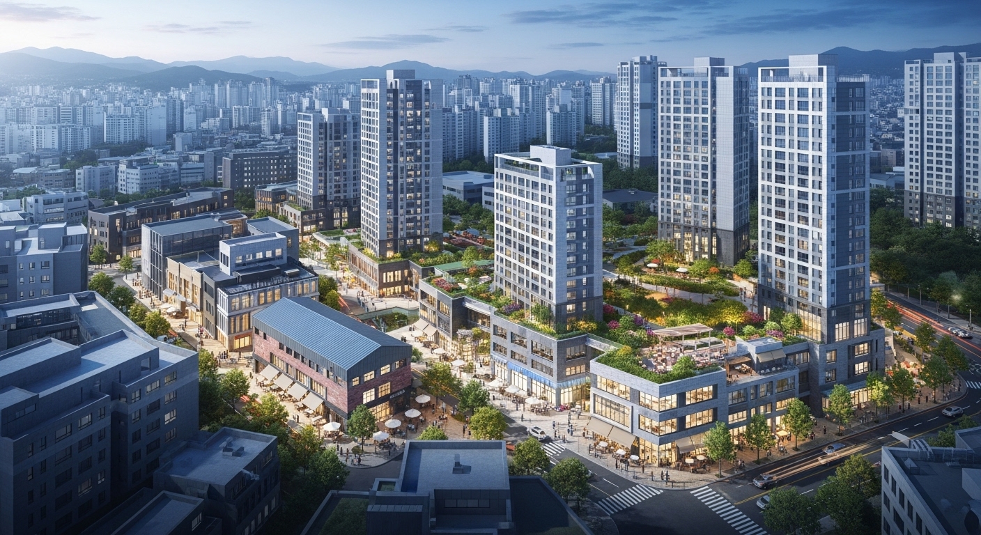 서울 성수동의 활기찬 도시 재개발 지역을 항공에서 바라본 모습. 현대적인 고층 주거 건물과 트렌디한 카페, 문화 공간이 어우러져 신흥 부촌의 분위기를 연출합니다.