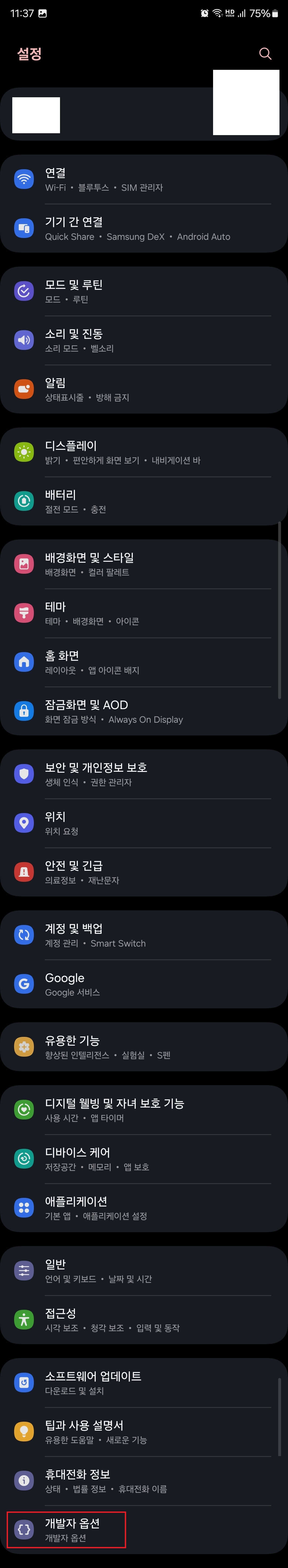 5. 하단에 '개발자 옵션' 활성화