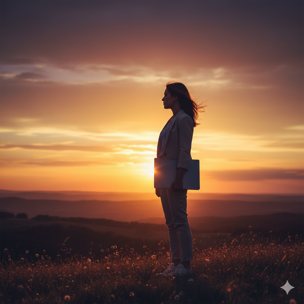 노을 지는 언덕 위에서 노트북을 덮고 미래를 향해 나아갈 준비가 된 듯 자신감 있게 서 있는 20대 여성의 뒷모습 실루엣.