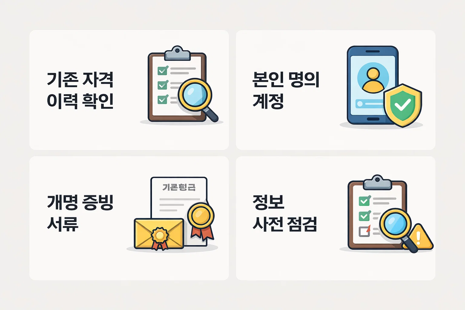 기존 자격 이력, 본인 명의 계정, 개명 증빙서류 등 재발급 신청 전 필수 점검 항목을 안내한 이미지