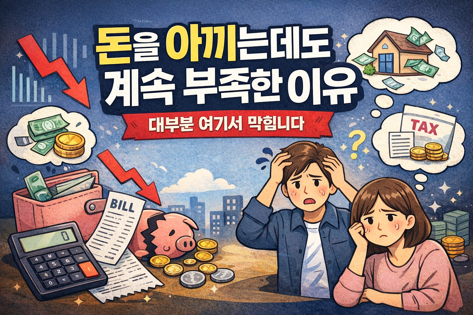 돈을 아끼는데도 부족한 이유 고정지출 세금 구조 소비 문제 설명 이미지